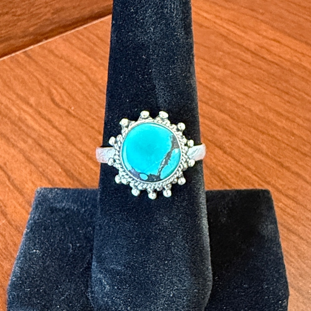 New 925 Sterling Silver Turquoise Round Ring- Adjustable